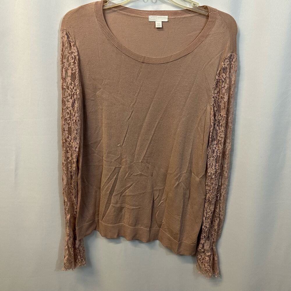 14th & Union Pink Lace Sleeve Bell Cuff Scoop Neck Cotton Blend Sweater Large